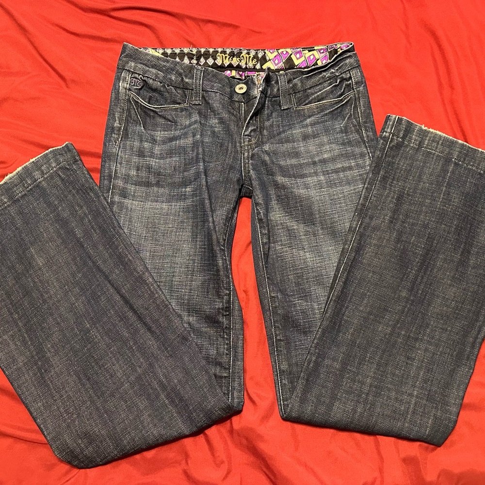 Miss Me Vintage Bell Bottom Dark Blue Jeans with Patterned Waistband - Picture 3 of 8